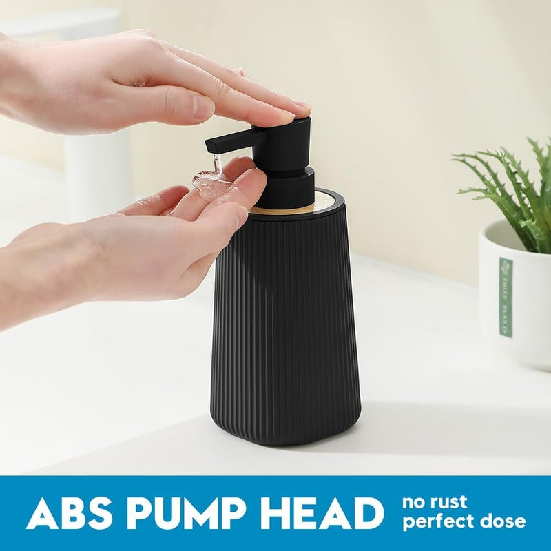 YAUKPH Small Soap Dispenser for Bathroom and Kitchen, Modern Farmhouse Striped Style Plastic Hand Soap Dish Soap Dispenser with Bamboo Decor Black - Image 3